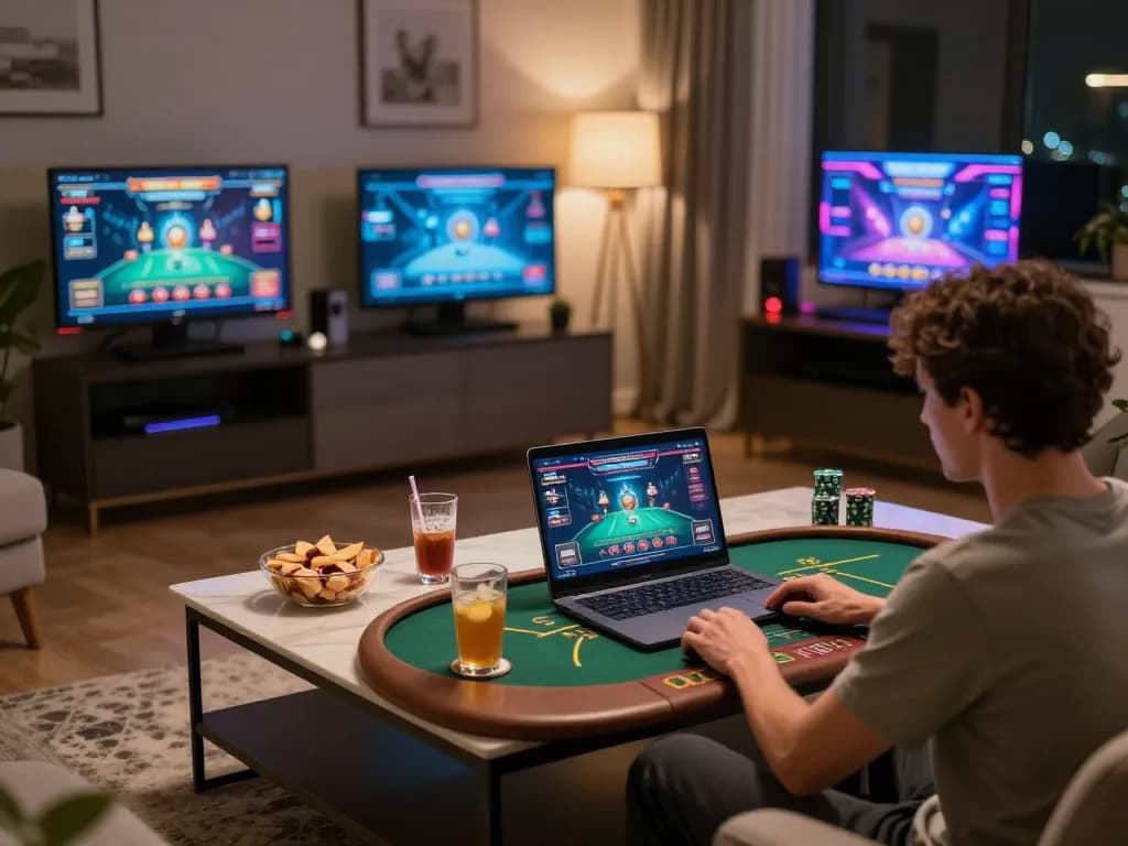Player engaging in live dealer blackjack on TG88 platform in a cozy home setup, showcasing responsible gaming atmosphere.
