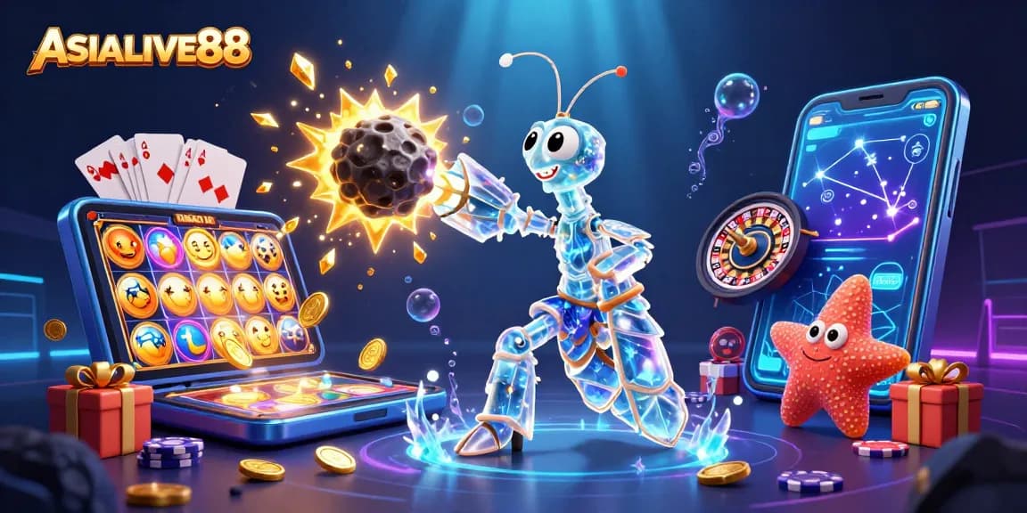 Play thrilling games with ASIALIVE88, featuring an energetic scene with fantastical characters and casino elements