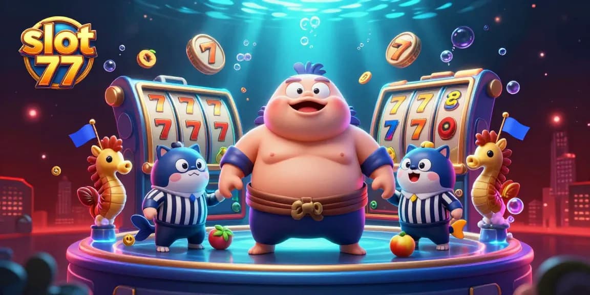 Experience thrilling fun at slot 77 with colorful slot reels and vibrant casino action in this illustration.