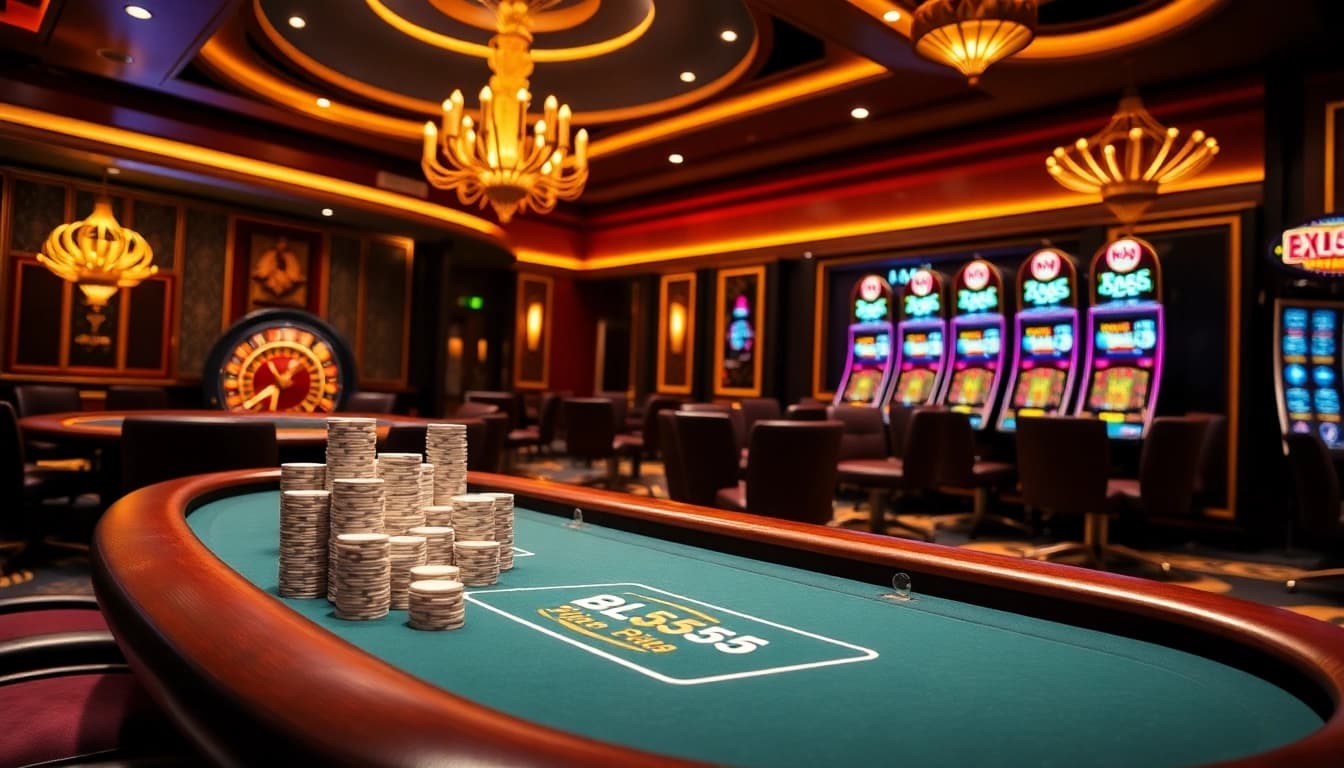 Experience the excitement of gambling at BL555 with a vibrant casino atmosphere featuring poker tables and slot machines.