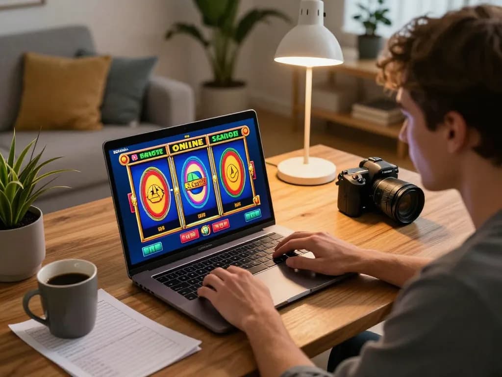 Player enjoying LIGALGO online slots at home, showcasing strategic gameplay with vibrant visuals