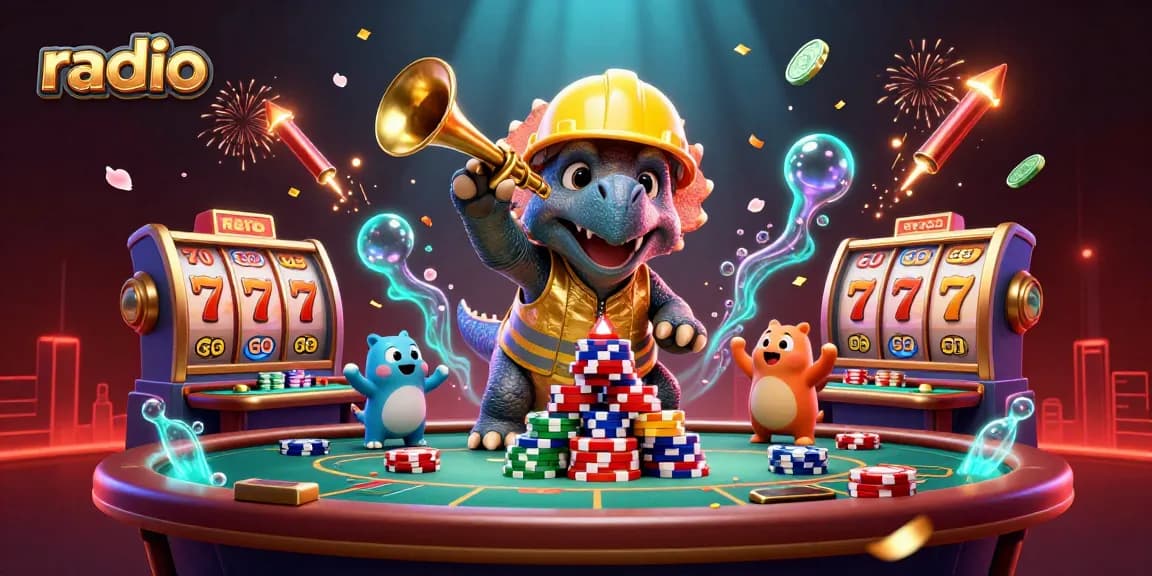 Celebrate radio casino wins with a dynamic triceratops building poker chip pyramids.