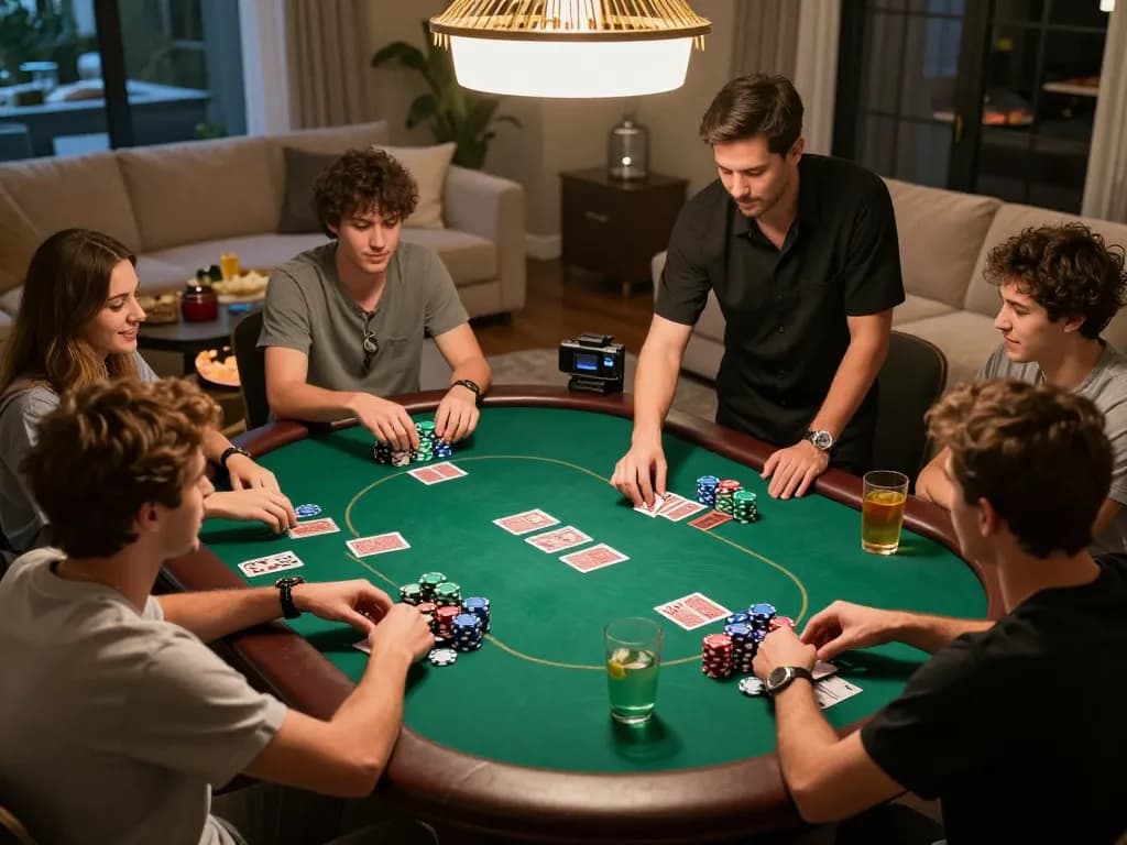 Players enjoy a friendly poker game at home, showcasing maxpoker88 themed poker chips and cards.