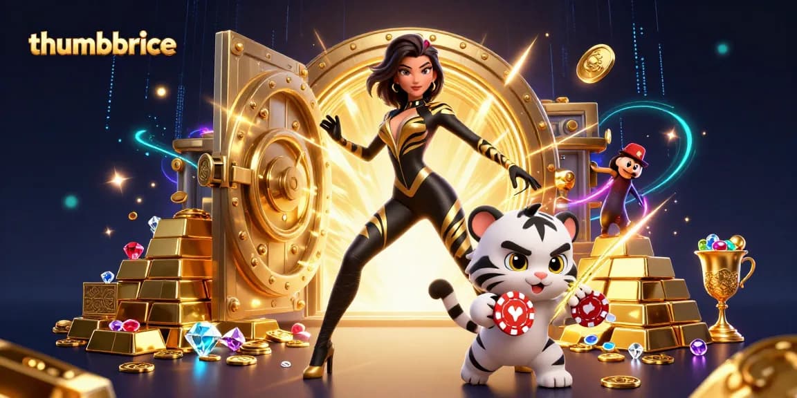 Engage in thrilling gameplay with thumbbrace as a stunning acrobat plays with poker chips, surrounded by riches.