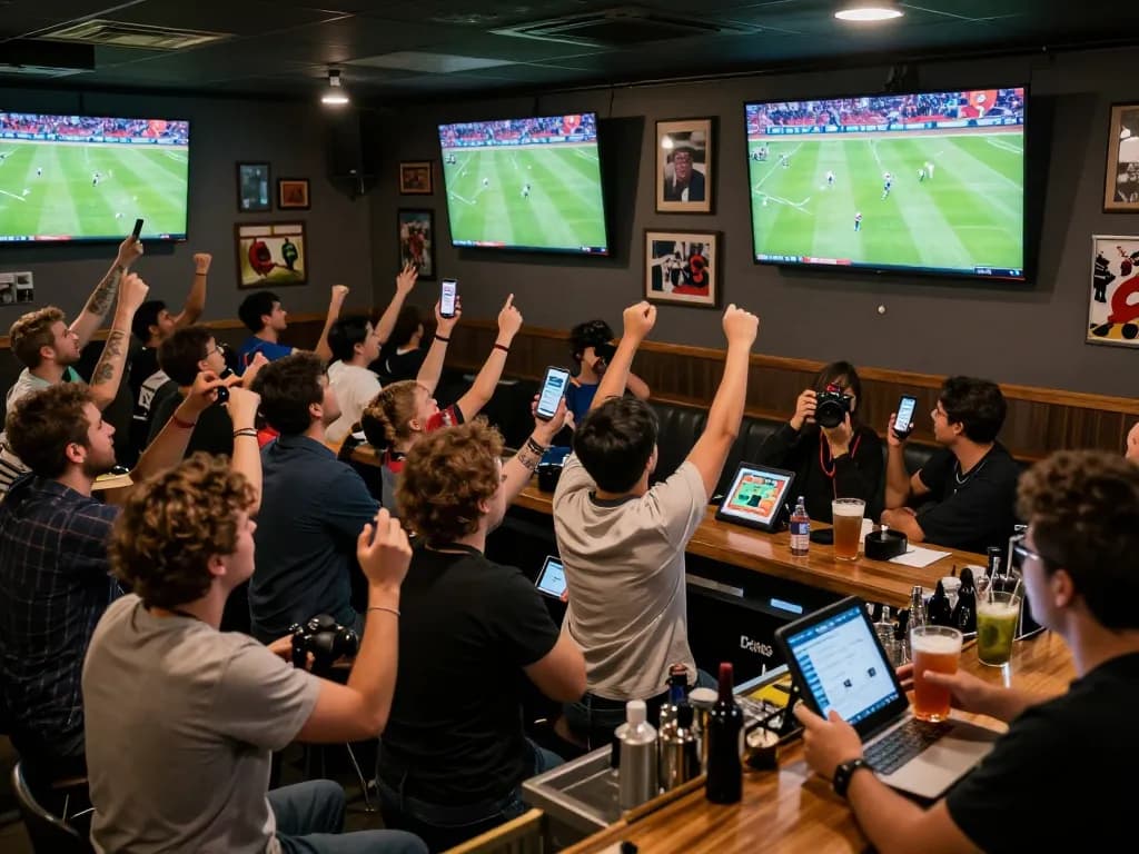 Cakhiatv app displayed on smartphones while fans cheer during a live football match at a vibrant sports bar.