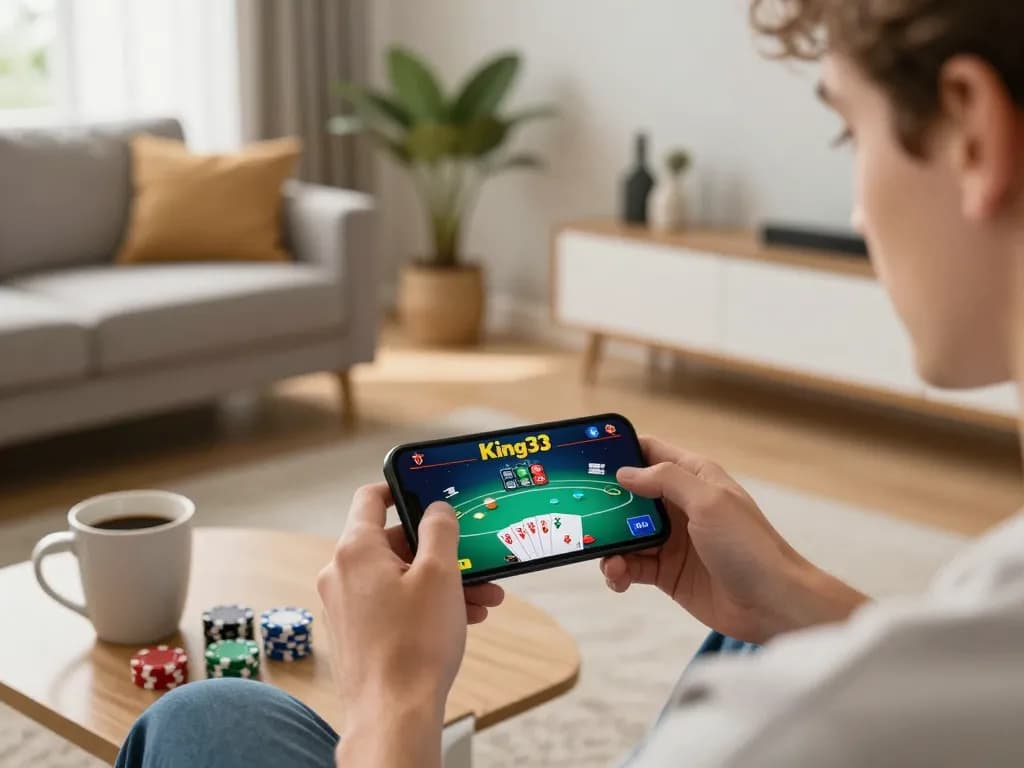 Player enjoying poker on the King33 app in a cozy living room, highlighting online gaming excitement.