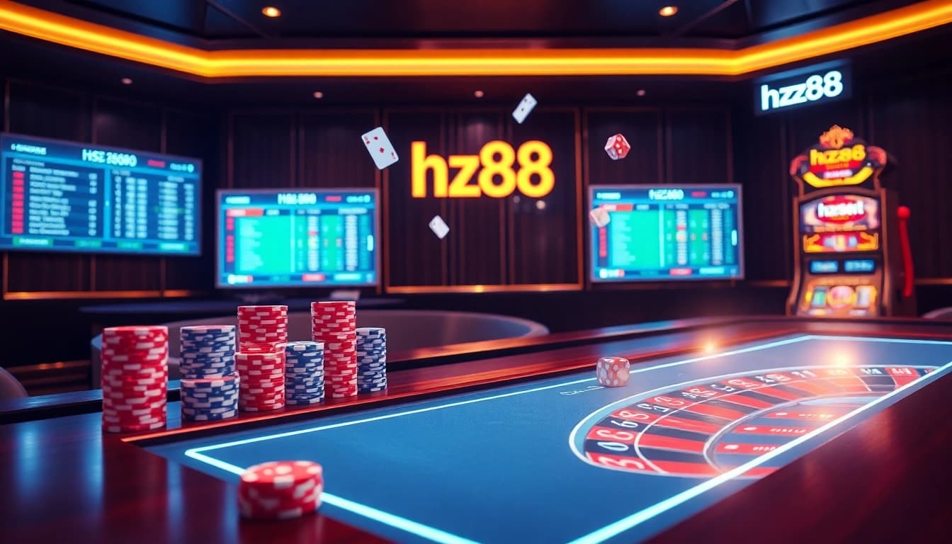 Hz88 casino table hosting exciting poker and roulette gambling action with vibrant chips