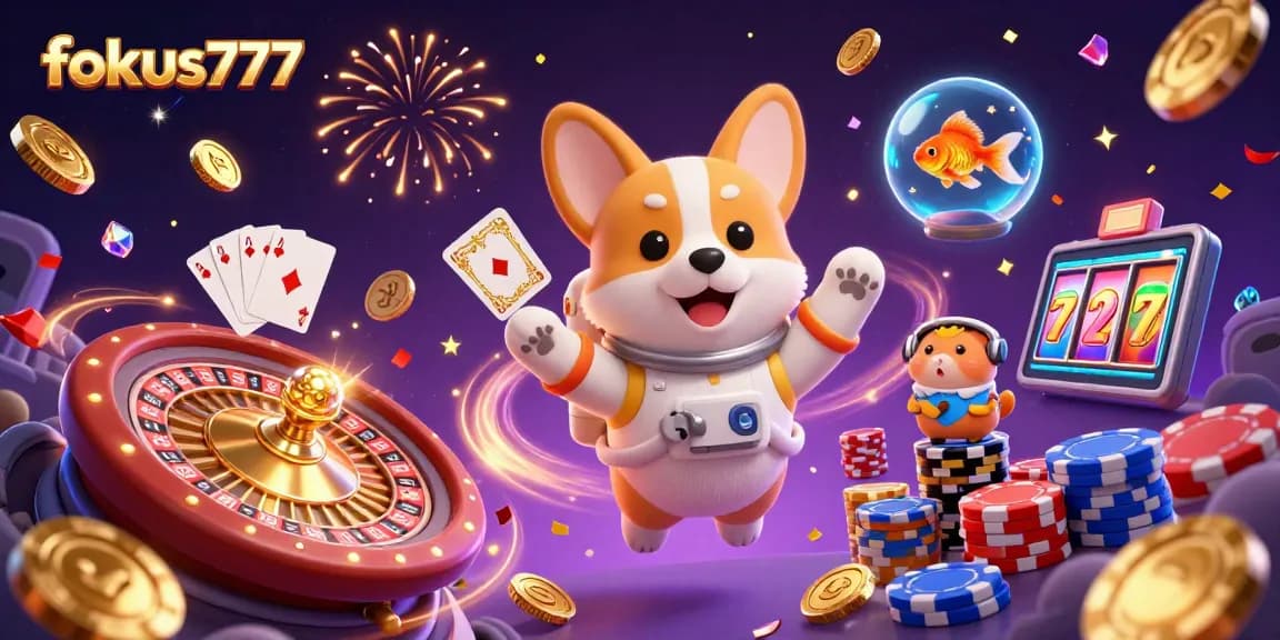 Experience the excitement of fokus777 in a vibrant casino space with floating coins and characters guiding players.