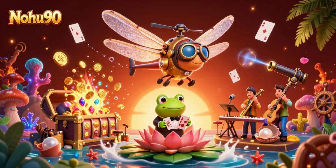 Nohu90 offers a vibrant 3D casino scene with a dragonfly pilot and frog croupier, showcasing thrilling slot games.