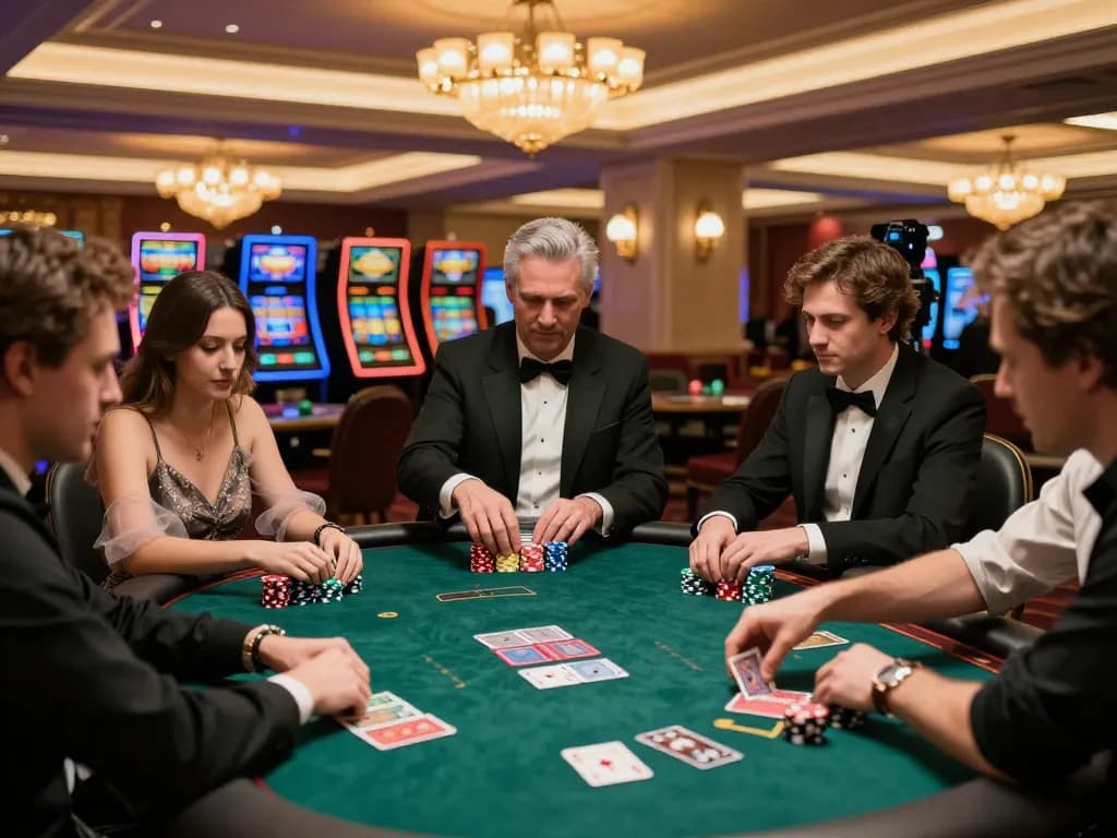 Nohu90 players engaged in high-stakes poker strategy, vibrant casino atmosphere with colorful chips.