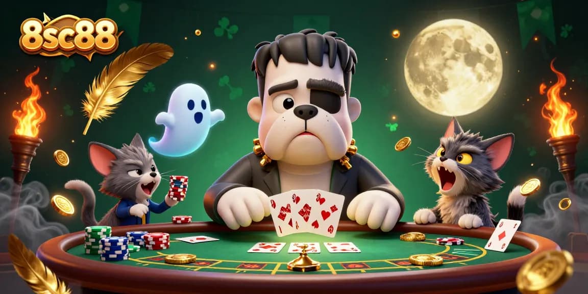 Engage in exciting gambling action at 8sc88 with unique characters dealing cards and winning chips.