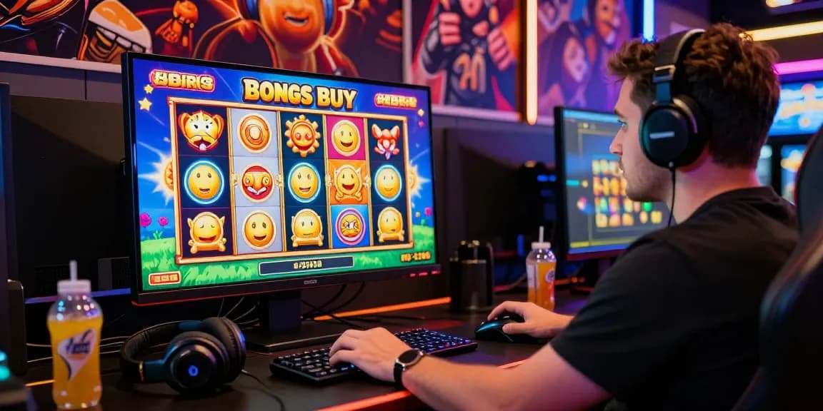 Exciting gameplay on bonus buy slots UK at a modern gaming desk, vibrant visuals and immersive atmosphere.