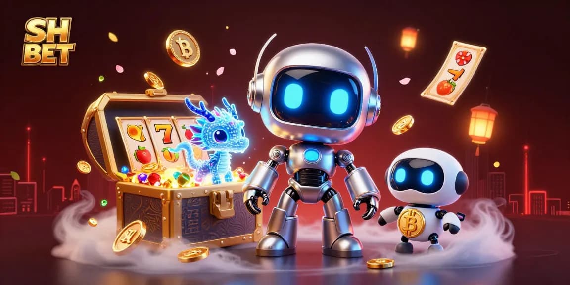 Engage with SH BET in a thrilling casino scene featuring vibrant slot reels and a cyberpunk robot mascot.