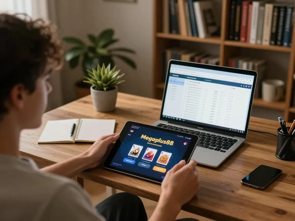 Engaging gameplay on Megaplus88 poker platform in a cozy home office discussion atmosphere
