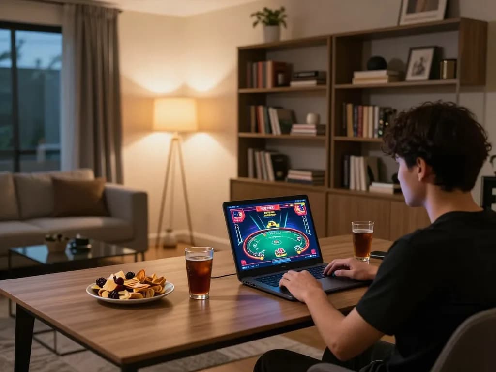 Engaged player explores Kkwin's online casino game in a cozy home setup.