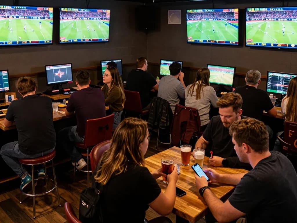 Patrons engaging with kèo nhà cái at a lively sports bar, with live betting screens and apps.