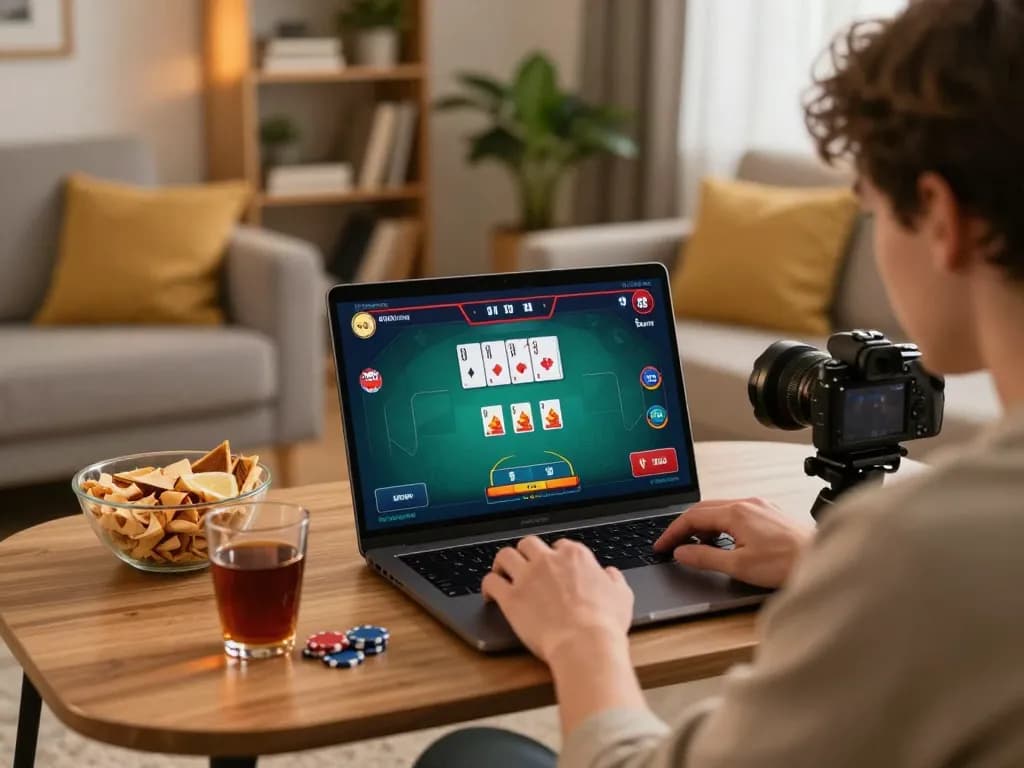 Engaged player at home enjoying nhà cái 388bet poker game on laptop in cozy setting