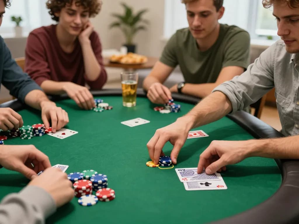 Friends enjoying a poker night while playing dh88 at home, showcasing vibrant poker chips and cards.