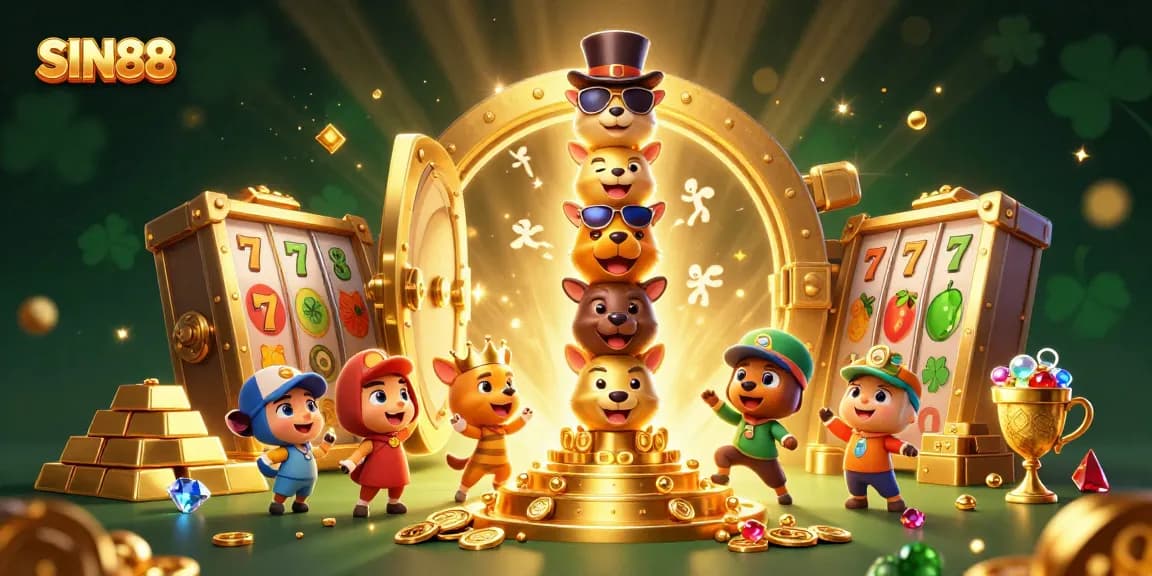 SIN88 bursts with winnings as a 3D golden totem welcomes players into a vibrant casino scene.
