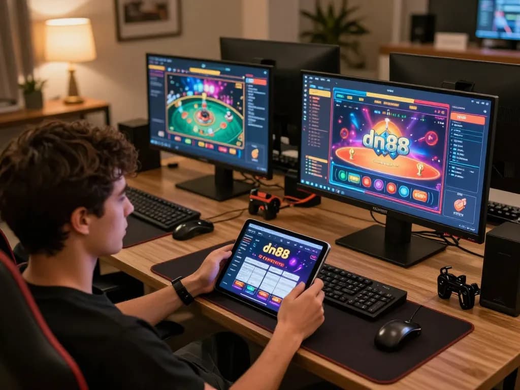 Engaged player using the dn88 app on tablet in a cozy home gaming setup.