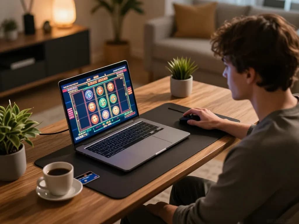 Engaged player exploring credit card casinos on laptop, capturing online gaming excitement