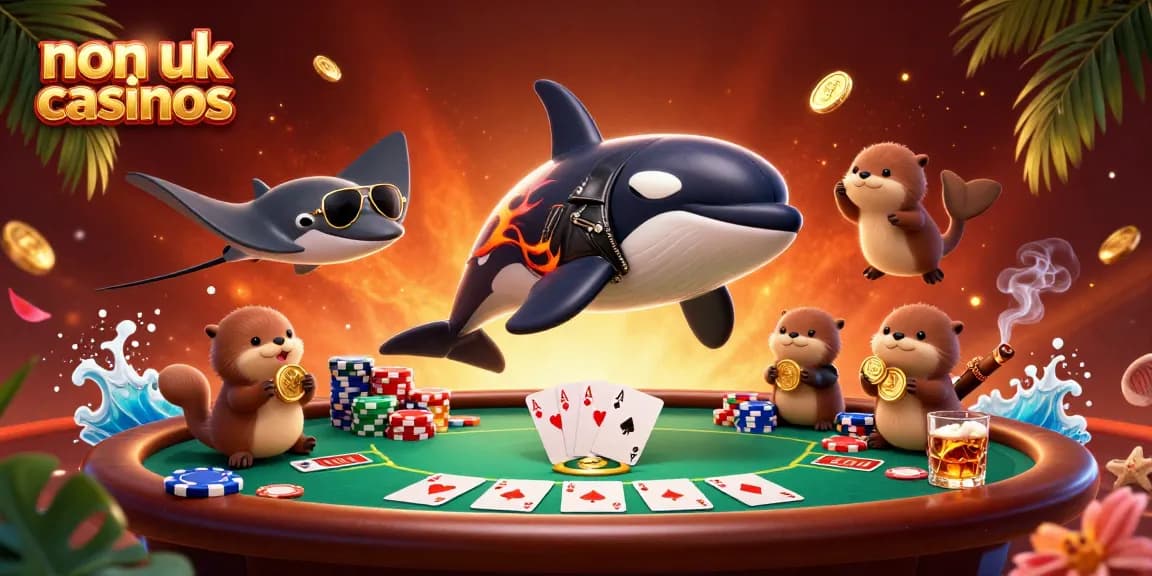 A playful scene with non UK casinos characters showcasing vibrant gambling elements, including poker and sea otters with coins.