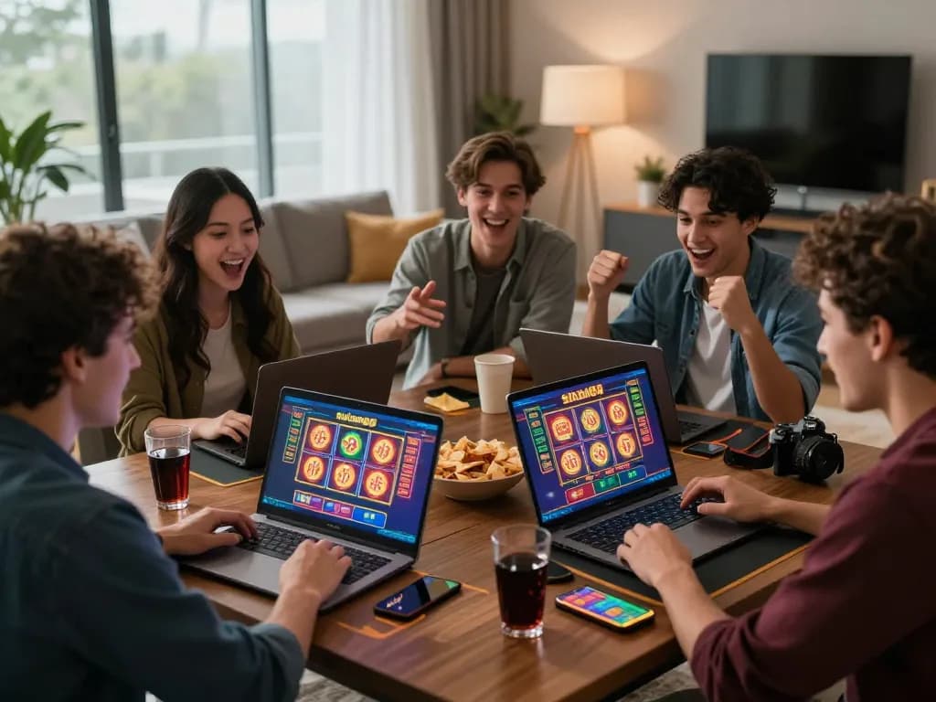 Engaged friends enjoying a thrilling gaming session on sultan88 in a cozy living room.