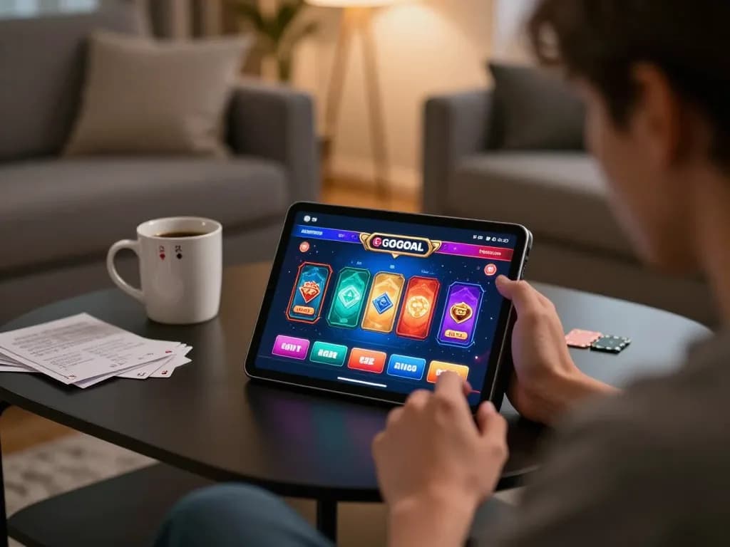 Engaging in LGOGOAL gaming on a tablet in a cozy living room, showcasing excitement and strategy