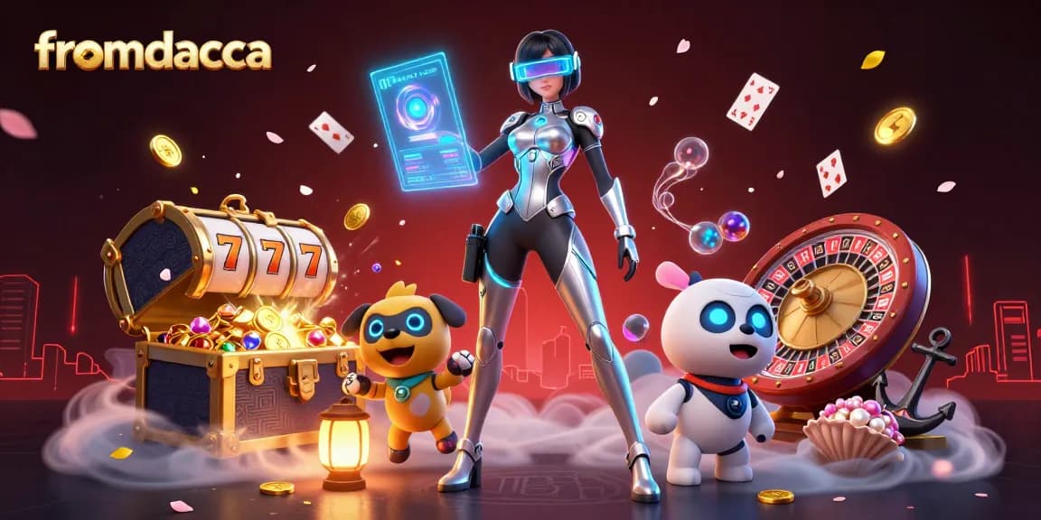fromdacca showcases a dynamic casino scene with a futuristic woman and a robot dog amidst spinning slot reels and floating cards.