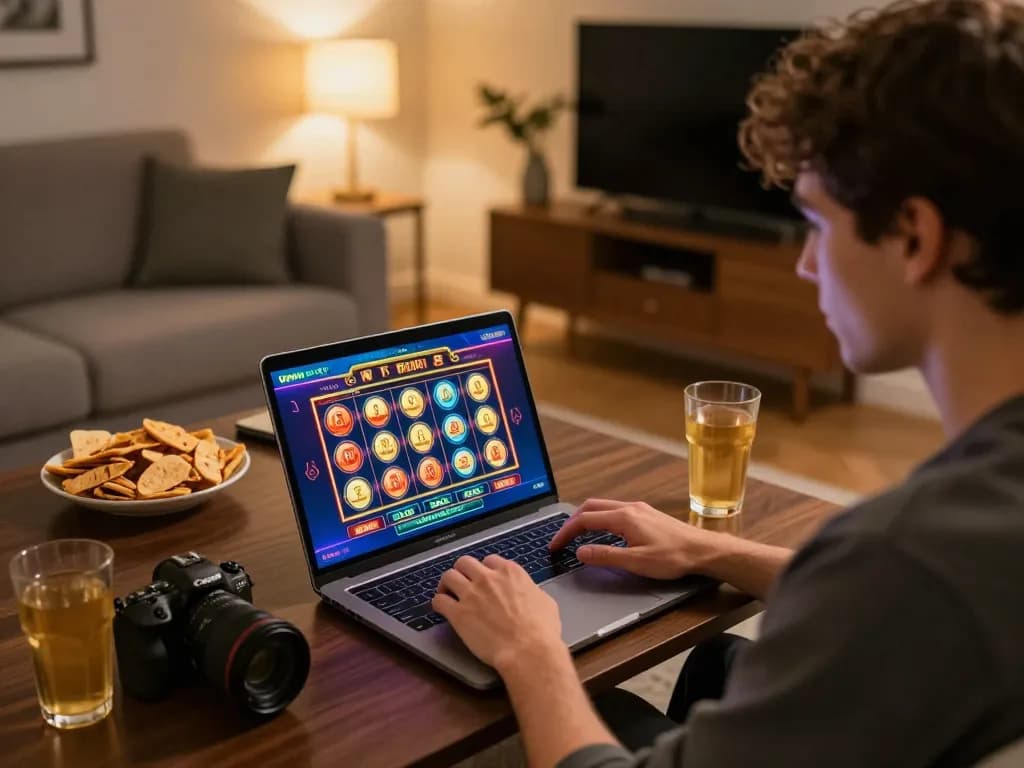 Menggunakan Situs Judi Online di rumah dengan laptop, memainkan permainan slot yang menarik di ruang tamu yang nyaman.