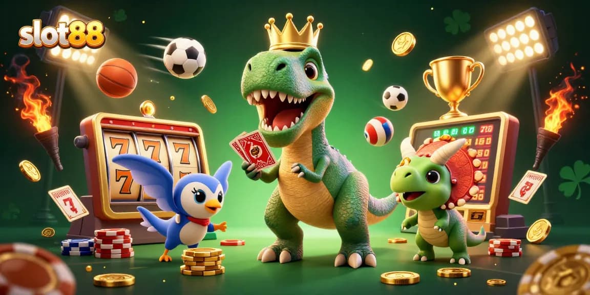 Menangkan jackpot slot88 dengan tumpukan chip emas dan karakter slot lucu yang beraksi.