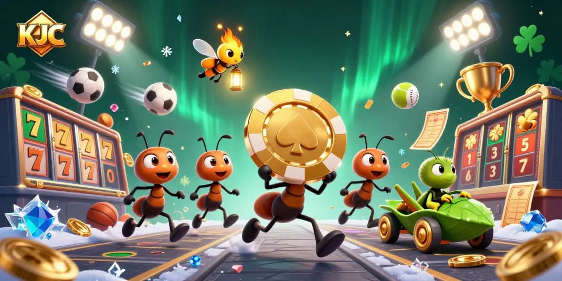 KJC showcases a thrilling heist scene with cartoon ants carrying a giant poker chip amidst slot gaming elements