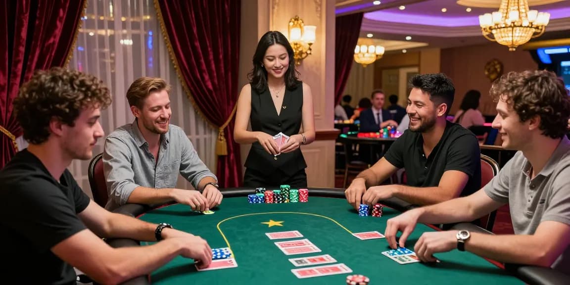 Pemain poker88 bersaing di meja permainan dengan suasana kasino mewah dan cahaya menarik.