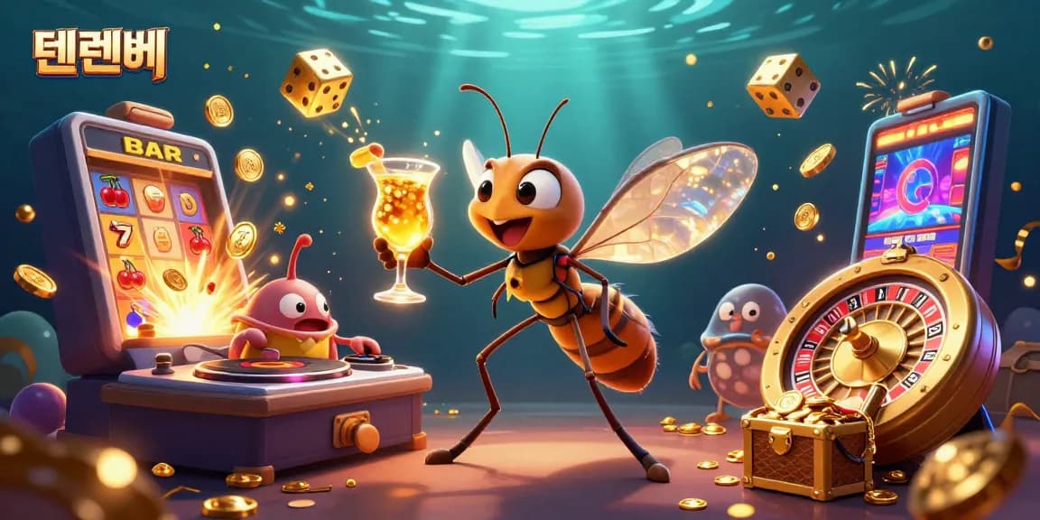 Engaging gambling action with 텐텐벳 mascot, golden roulette wheel, vibrant slot machines.