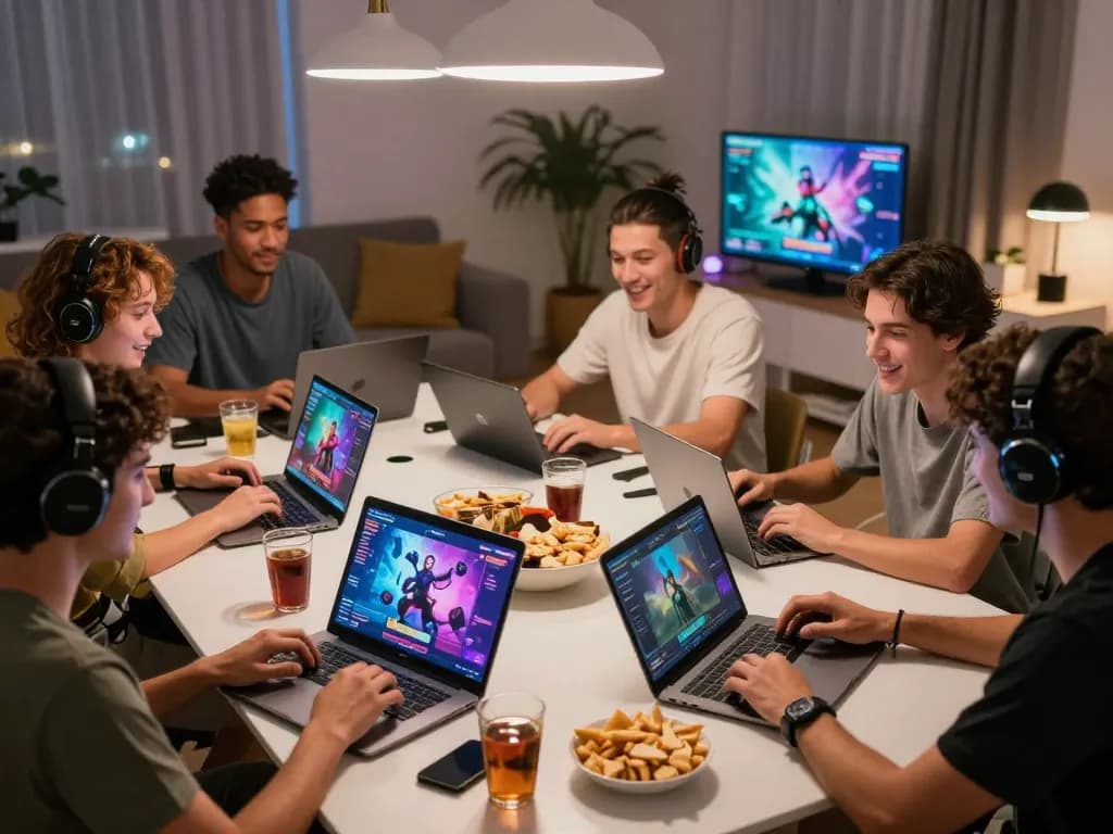 Friends enjoying porngames on laptops and tablets in a cozy living room