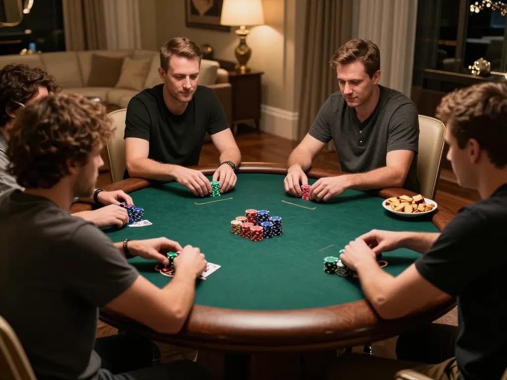 GO88 players strategizing at a luxurious home poker table, showcasing friendly competition and vibrant atmosphere