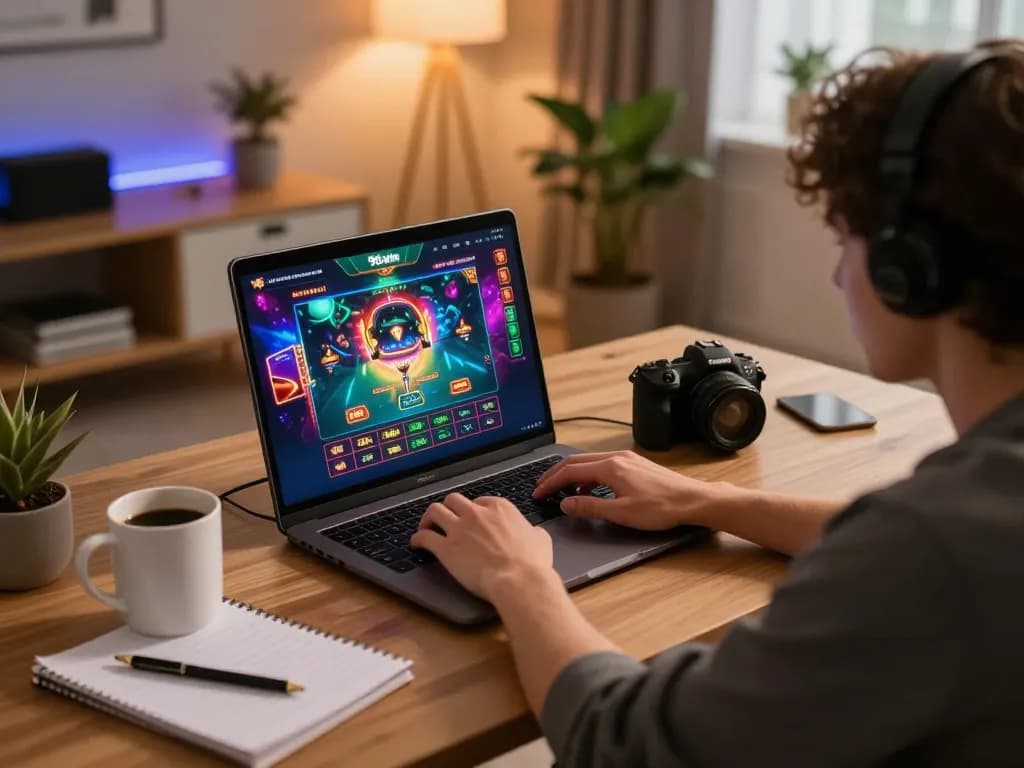 Person gaming at home on 98win platform, focused on a vibrant online casino interface.