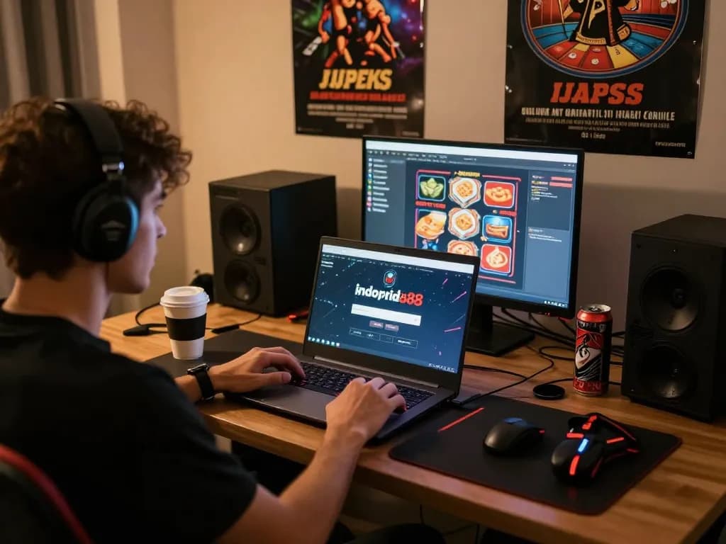Engaging with the indopride88 login interface on a laptop in a cozy gaming setup.