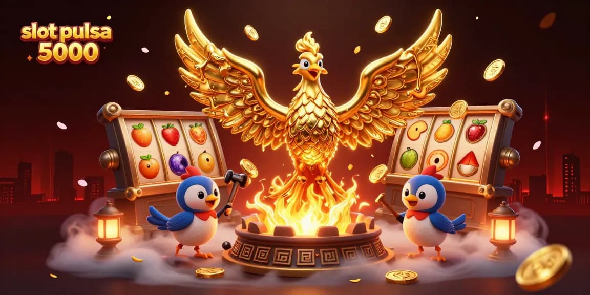 Slot pulsa 5000 menampilkan phoenix emas meleleh di tengah permainan slot yang penuh keberuntungan.