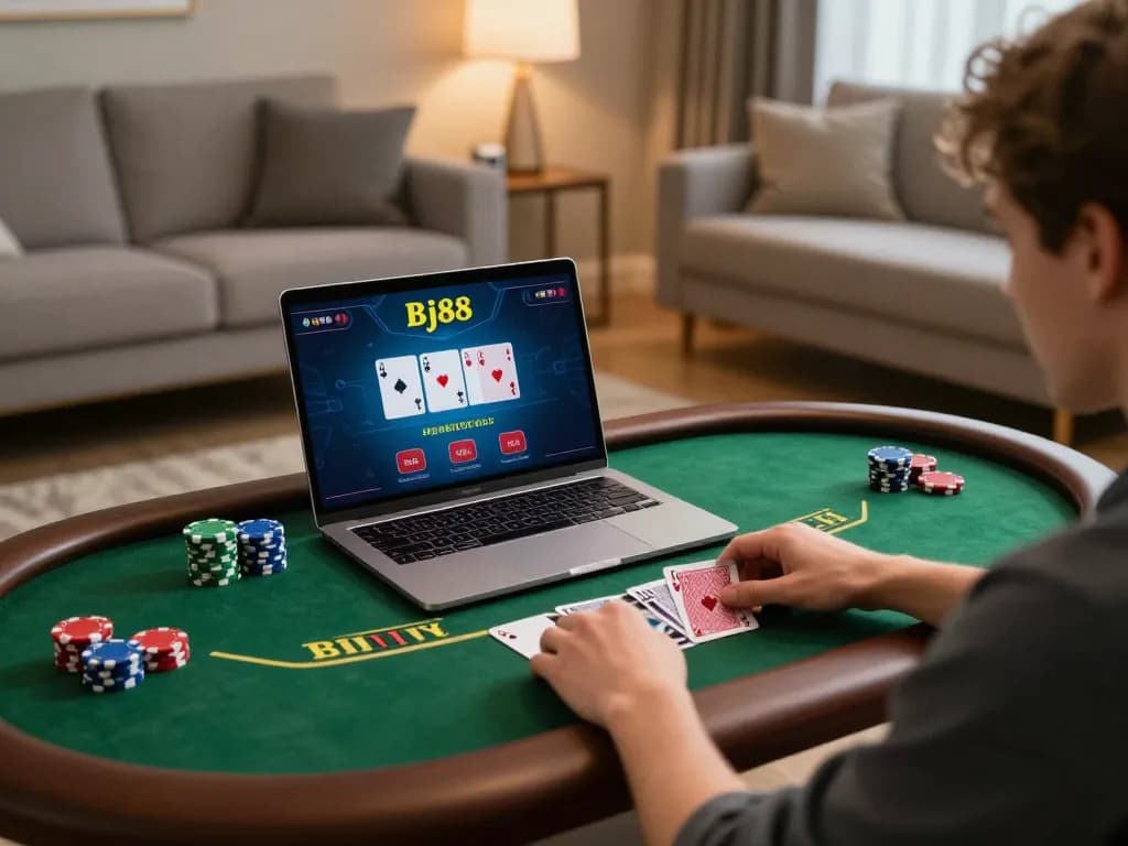 Bj88 player enjoying dynamic blackjack online in cozy living room setting.