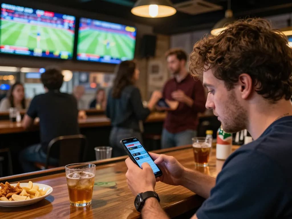 Engaged sports bettor reviews keo nha cai odds during a lively bar gathering.