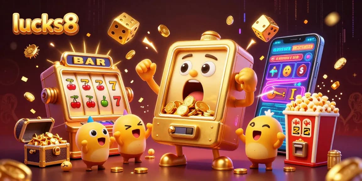 Cheer and win with lucks8 as the golden slot machine hits a jackpot, surrounded by excitement.