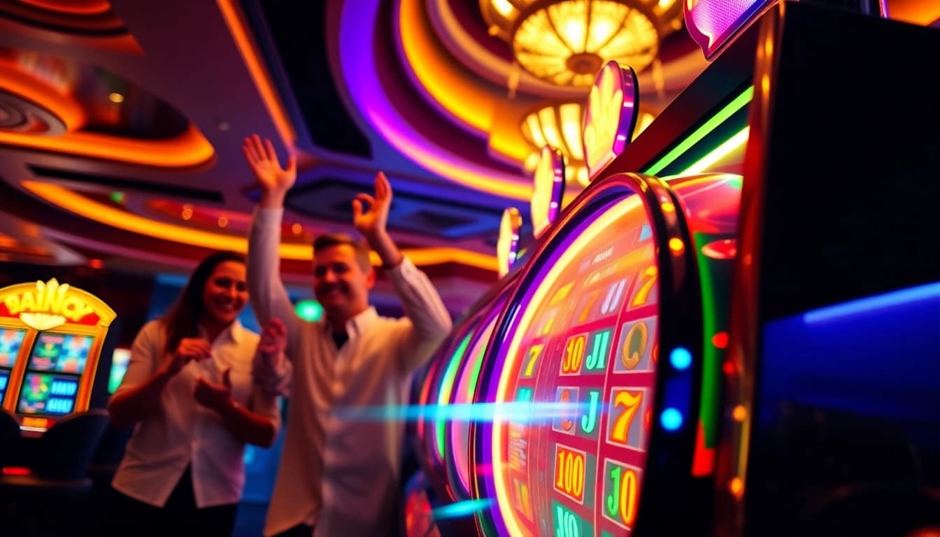 Menangkan di slot xgslot88 dengan mesin berwarna cerah dan pemain bahagia merayakan kemenangan.