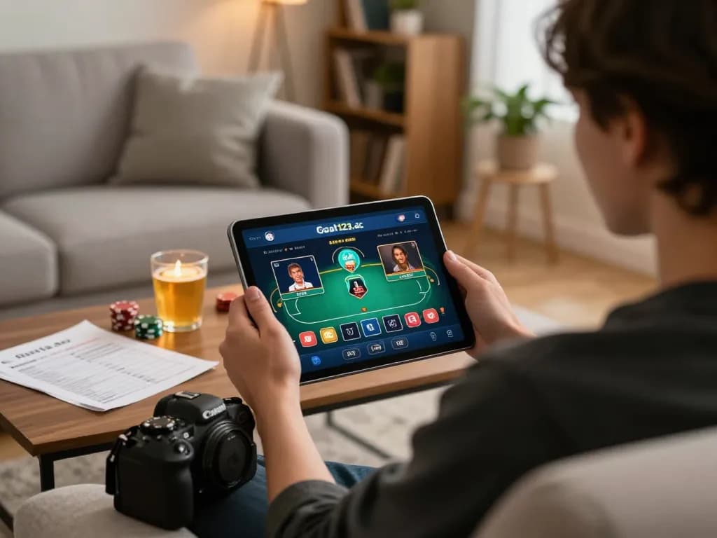 Engaging in online gaming at goal123.ac, showcasing poker options on a tablet with cozy home aesthetics.