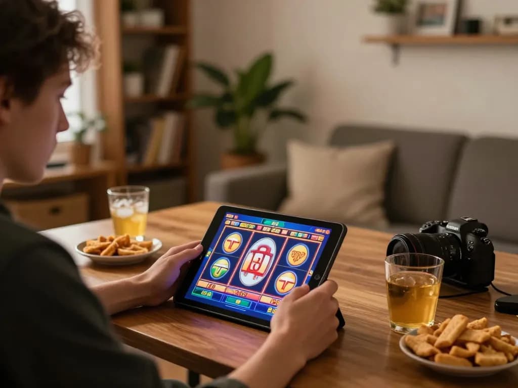 Engaging at-home slot gameplay with lucks8 on a tablet, snacks and drinks present, cozy atmosphere