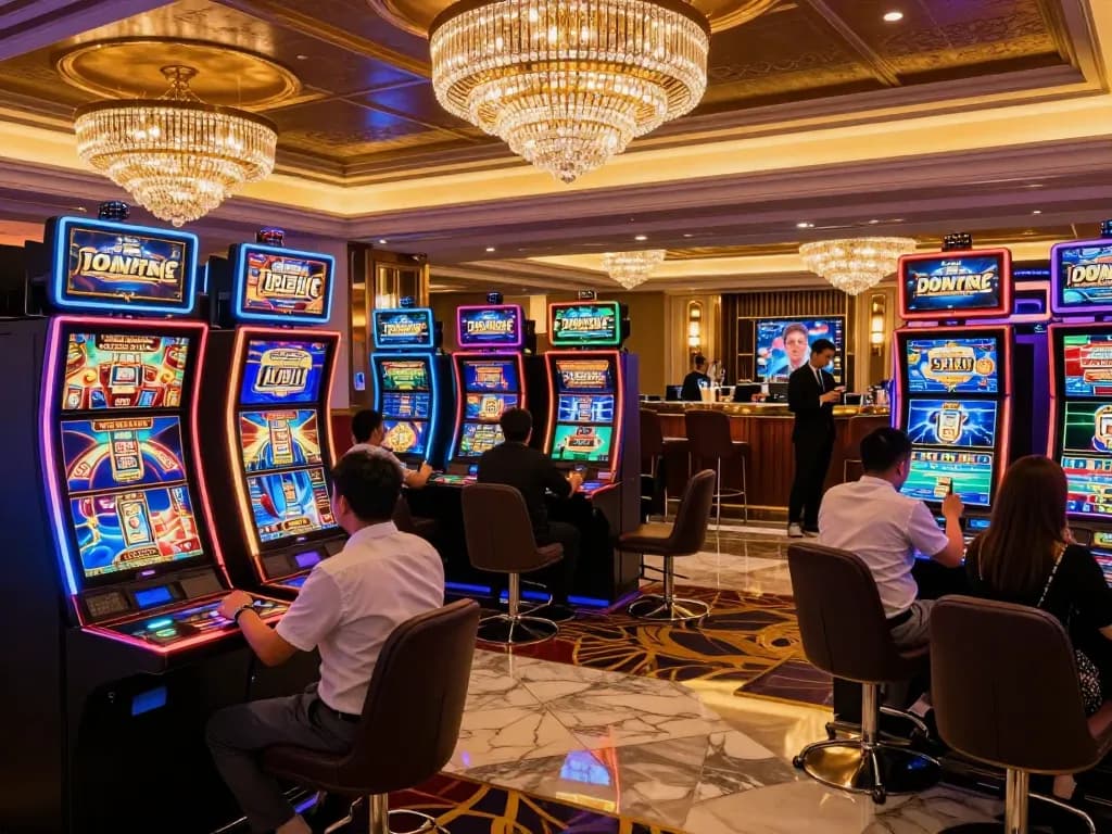 Players enjoying vibrant slot machines at a casino, showcasing 98win gaming excitement and action.