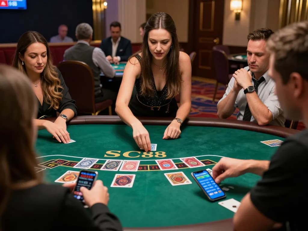 Players strategize at a live dealer Blackjack table at SC88, showcasing an upscale gaming experience