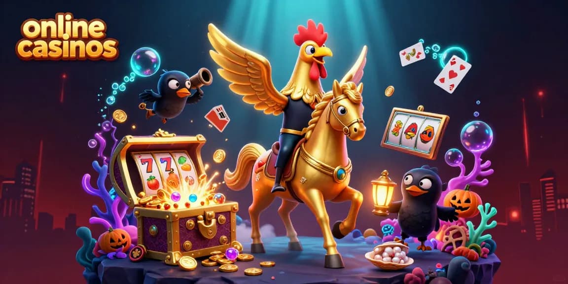 Engage in thrilling online casinos with vibrant golden rooster characters amidst dynamic slot game elements.