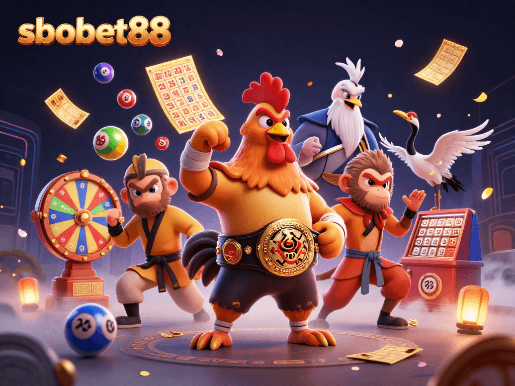 Engage with sbobet88 as the fierce Muay Thai rooster and friends celebrate game wins amidst lottery excitement.