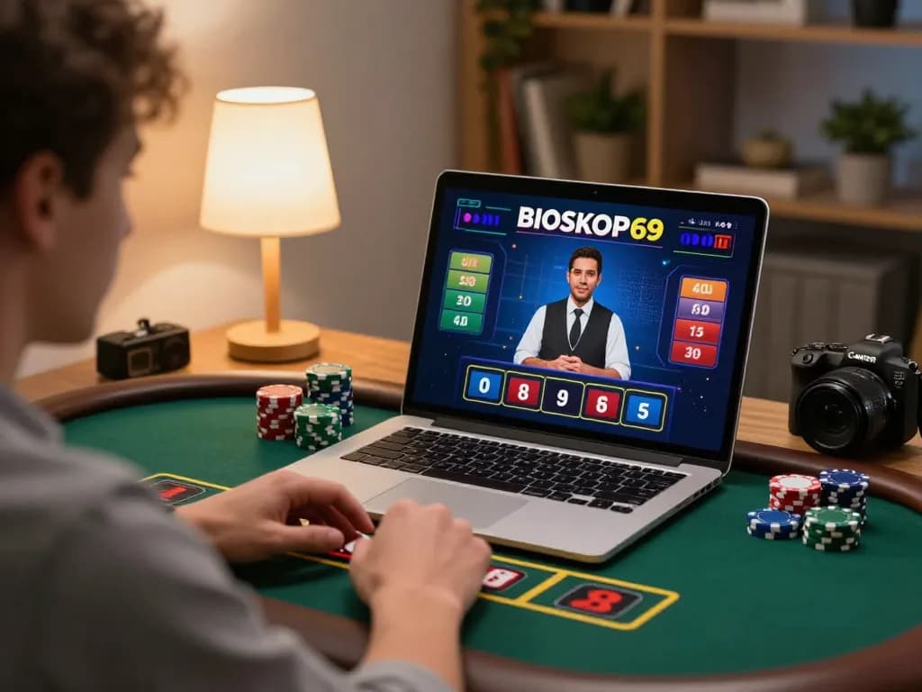 Seorang pemain terlibat dalam blackjack langsung di BIOSKOP69 sambil menikmati suasana kantor rumah yang nyaman.